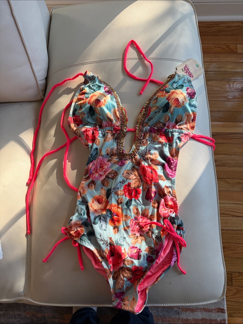 Aventura Floral One-Piece Bikini in Aqua with Hot Pink Trim